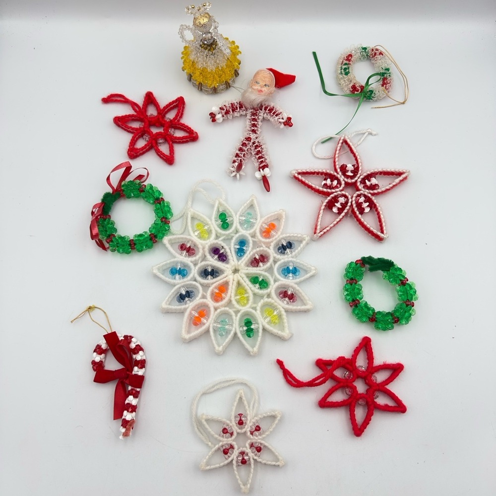 Vintage Christmas Ornaments‎ Handmade Plastic Beaded Kitschy Mixed Lot of 11